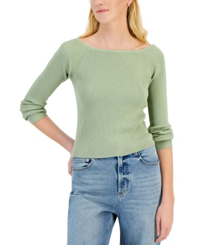 Hooked Up By Iot Juniors' Off-the-shoulder Ribbed Sweater In Fresh Sage