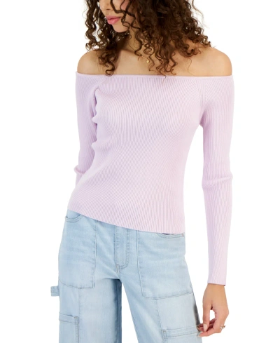 Hooked Up By Iot Juniors' Off-the-shoulder Ribbed Sweater In Lavender Lily