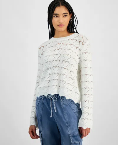 Hooked Up By Iot Juniors' Open-heart-stitch Pullover Sweater In White