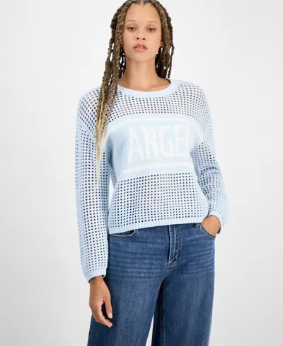 Hooked Up By Iot Juniors' Open-stitch Sweater In Baby Blue