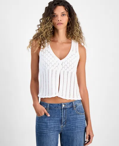 Hooked Up By Iot Juniors' Pointelle Double-button Vest Top In White