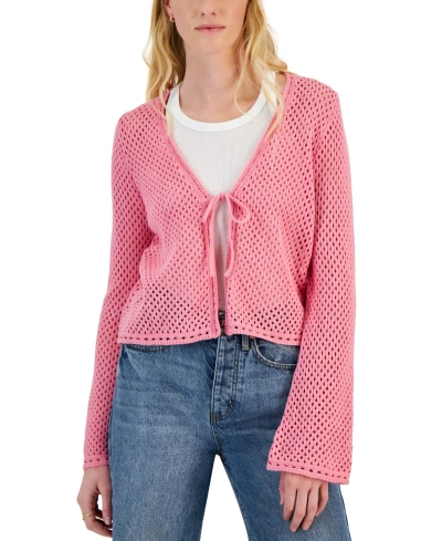 Hooked Up By Iot Juniors' Pointelle Tie-front Cardigan In Agave Pink