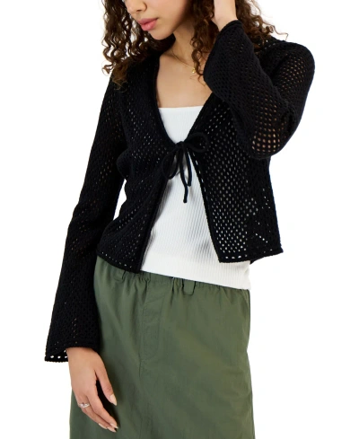 Hooked Up By Iot Juniors' Pointelle Tie-front Cardigan In Black