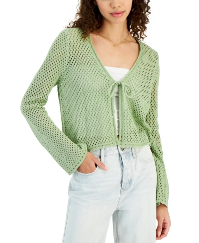 Hooked Up By Iot Juniors' Pointelle Tie-front Cardigan In Fresh Sage