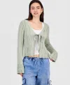 Hooked Up By Iot Juniors' Pointelle Tie-front Cardigan In Green