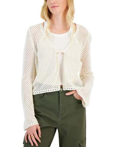 Hooked Up By Iot Juniors' Pointelle Tie-front Cardigan In New Cream