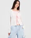 Hooked Up By Iot Juniors' Pointelle Tie-front Cardigan In Pink