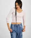 Hooked Up By Iot Juniors' Pointelle V-neck Long-sleeve Sweater In Tender Touch