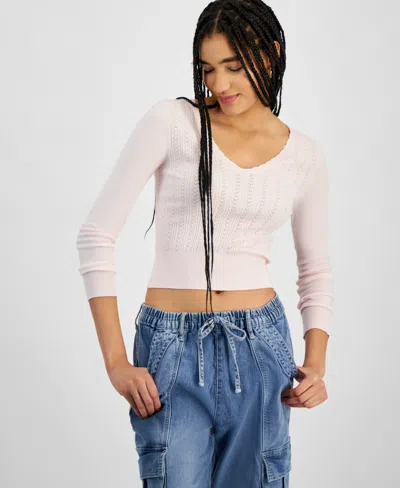 Hooked Up By Iot Juniors' Pointelle V-neck Long-sleeve Sweater In Tender Touch