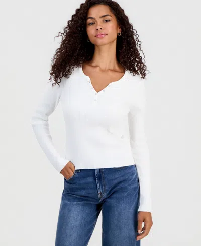 Hooked Up By Iot Juniors' Ribbed Snap Henley Sweater In Coconut Milk