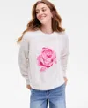 Hooked Up By Iot Juniors' Rose-print Eyelash-texture Sweater In White