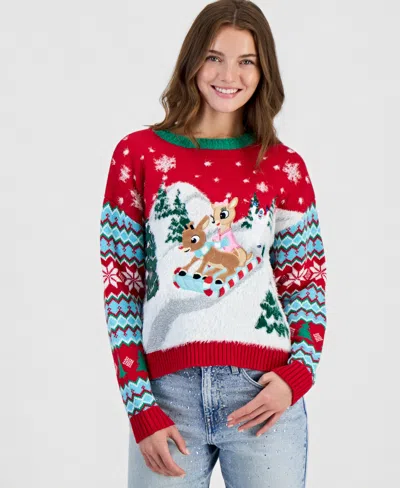 Hooked Up By Iot Juniors' Rudolph & Clarice Holiday Christmas Sweater In Multi