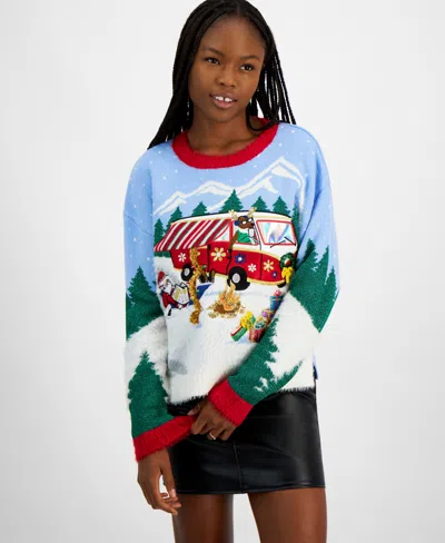 Hooked Up By Iot Juniors' Rv Camping Santa Sweater In Blue Combo