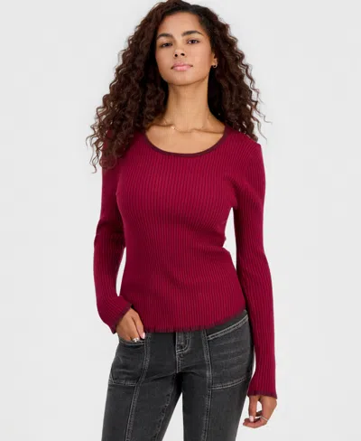Hooked Up By Iot Juniors' Scoop Neck Ruffled Hanky Long-sleeve Pullover In Burgundy