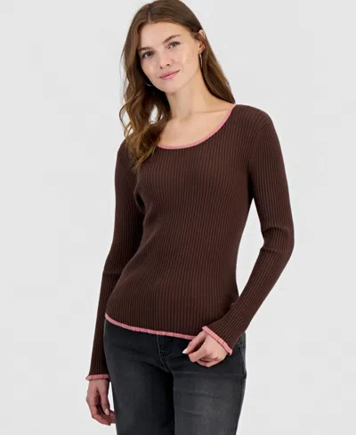 Hooked Up By Iot Juniors' Scoop Neck Ruffled Hanky Long-sleeve Pullover In Brown