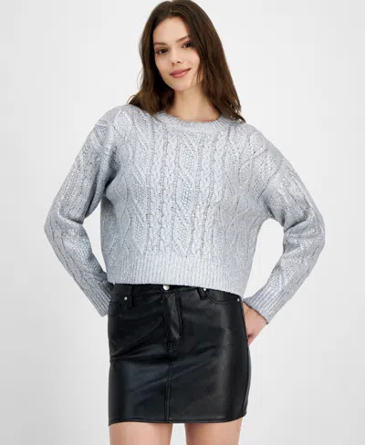Hooked Up By Iot Juniors' Shine Cable-knit Crewneck Sweater In Silver