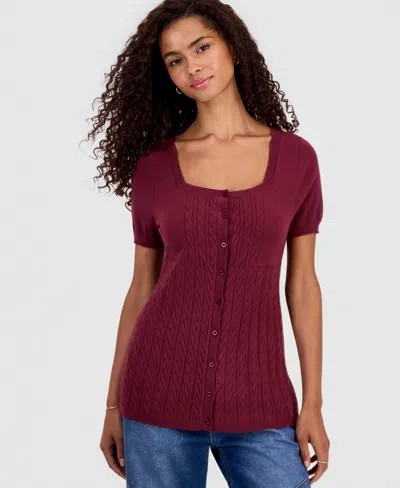 Hooked Up By Iot Juniors' Short-sleeve Babydoll Sweater In Burgundy