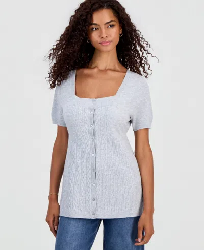 Hooked Up By Iot Juniors' Short-sleeve Babydoll Sweater In Lt Hth Grey