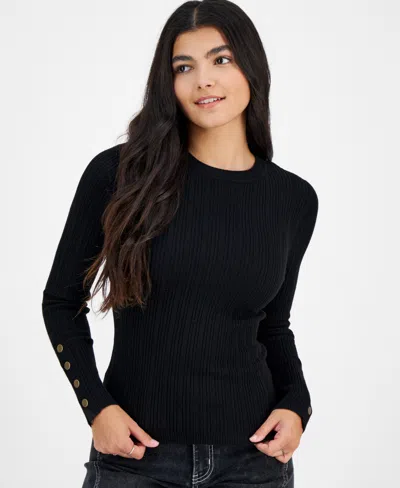 Hooked Up By Iot Juniors' Snap-cuff Ribbed Crewneck Sweater In Black