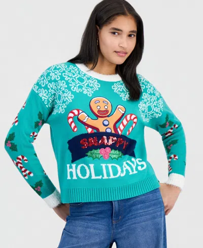 Hooked Up By Iot Juniors' Snappy Holidays Christmas Sweater In Green