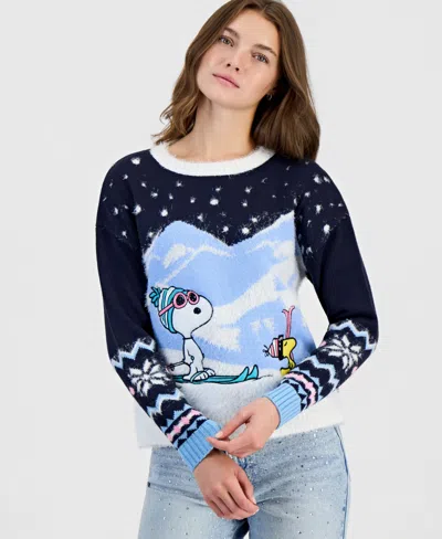 Hooked Up By Iot Juniors' Snoopy & Woodstock Holiday Christmas Sweater In Multi