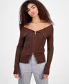Hooked Up By Iot Juniors' Spread-collar Cable-knit Cardigan In Brown