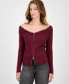 Hooked Up By Iot Juniors' Spread-collar Cable-knit Cardigan In Burgundy