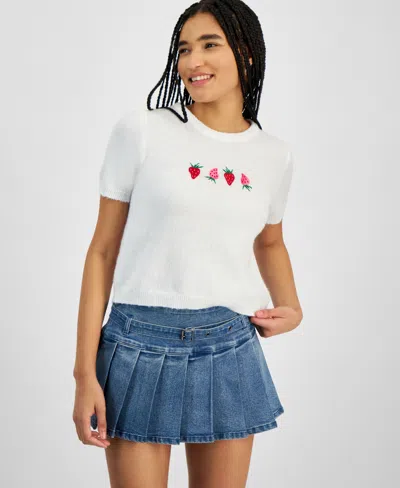 Hooked Up By Iot Juniors' Strawberries Short-sleeve Pullover Sweater In White
