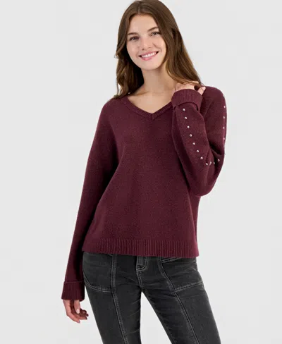 Hooked Up By Iot Juniors' Studded V-neck Slouchy Sweater In Burgundy