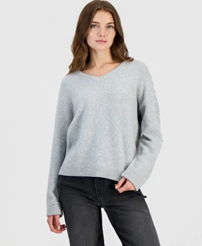 Hooked Up By Iot Juniors' Studded V-neck Slouchy Sweater In Gray