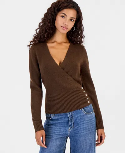 Hooked Up By Iot Juniors' Surplice Long-sleeve V-neck Wrap Sweater In Shaved Chocolate
