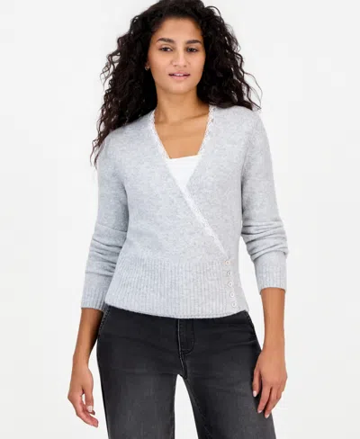Hooked Up By Iot Juniors' Surplice V-neck Lace Sweater In Gray