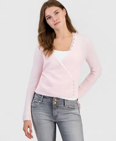 Hooked Up By Iot Juniors' Surplice V-neck Lace Sweater In Pink