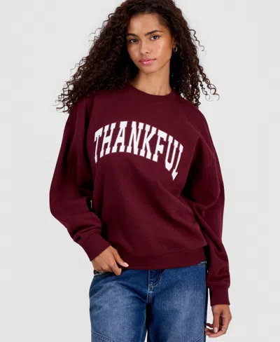 Hooked Up By Iot Juniors' Thankful Embroidered Sweatshirt In Windsor Wine