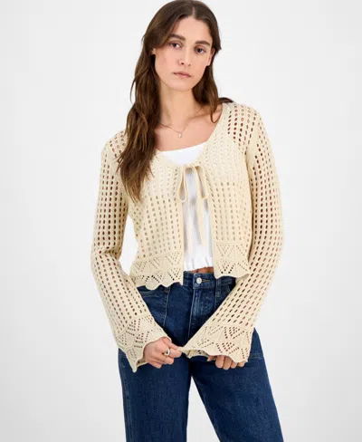 Hooked Up By Iot Juniors' Tie-front Crochet Cardigan Sweater In Beached Sand
