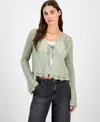 Hooked Up By Iot Juniors' Tie-front Crochet Cardigan Sweater In Desert Sage
