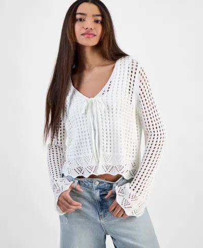 Hooked Up By Iot Juniors' Tie-front Crochet Cardigan Sweater In White