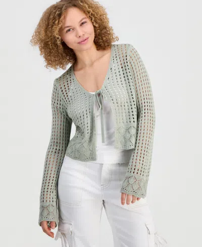 Hooked Up By Iot Juniors' Tie-front Open-knit Cardigan In Green