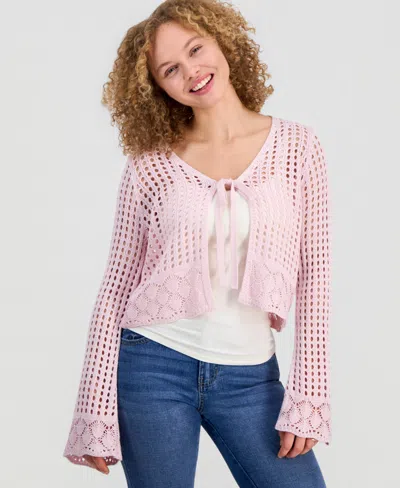 Hooked Up By Iot Juniors' Tie-front Open-knit Cardigan In Pink