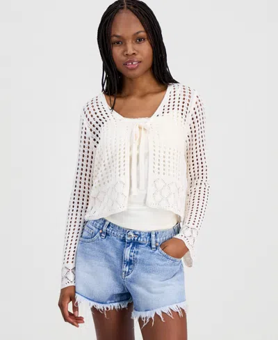 Hooked Up By Iot Juniors' Tie-front Open-knit Cardigan In White