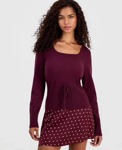 Hooked Up By Iot Juniors' Tie-detail Sweater In Mauve Wine