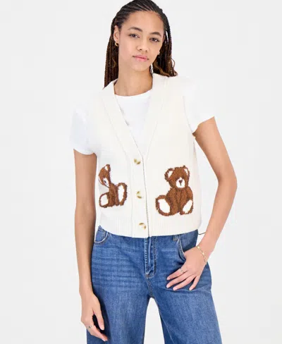 Hooked Up By Iot Juniors' V-neck Button-front Teddy Bear Motif Sweater Vest In Whisper White