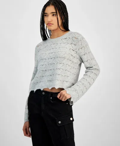 Hooked Up By Iot Sweater Womens Gray Heather Heart-stitch Scalloped Hem Pall16