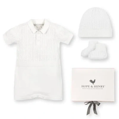 Hope & Henry Kids'  Baby 4 Piece Shortie Cable Knit Romper Gift Set With Box, Infant In White Cable Shortie Romper Set