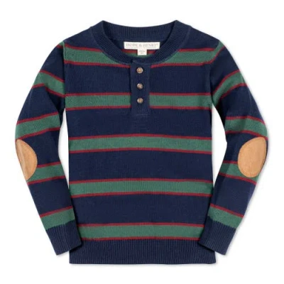 Hope & Henry Baby Boys' Organic Sweater Henley With Elbow Patches, Infant In Navy Collegiate Green Stripe