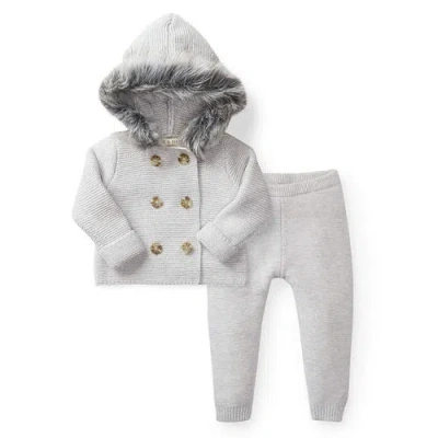 Hope & Henry Baby Faux Fur Hooded Sweater Set In Gray With Gray Faux Fur