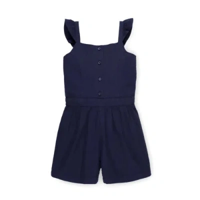 Hope & Henry Baby Girls' Flutter Button Front Romper, Infant In Navy Seersucker