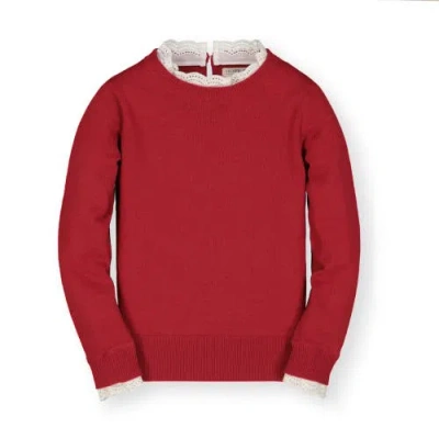 Hope & Henry Baby Girls' Lace Trim French Sweater, Infant In Red With White Eyelet Trim