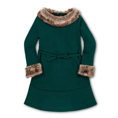 Hope & Henry Baby Girls' Long Sleeve Ponte Dress With Faux Fur, Infant In Deep Green Long Sleeve