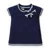 Hope & Henry Baby Girls' Milano Tipped Short Sleeve Sweater, Infant In Navy With White Tipping